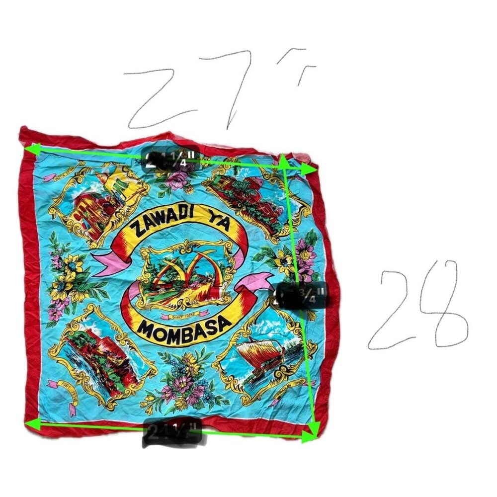 Zawadi Ya Mombasa Vintage Souvenir Scarf 28"x27" Turqoise Yellow Red Pink Green - Picture 10 of 10
